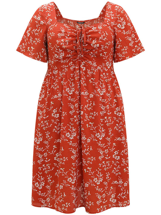 Floral Print Square Neck Ruched Ruffles Drawstring Dress