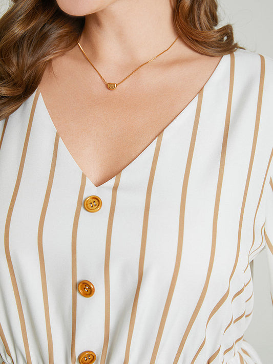 Striped Print Knot Pocket Button Detail Ruffle Hem Dress