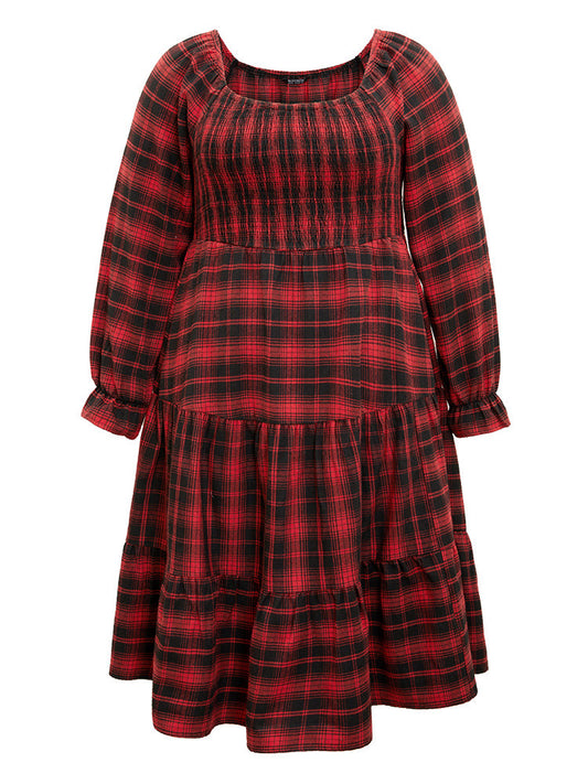 Plaid Shirred Pocket Ruffle Trim Midi Dress