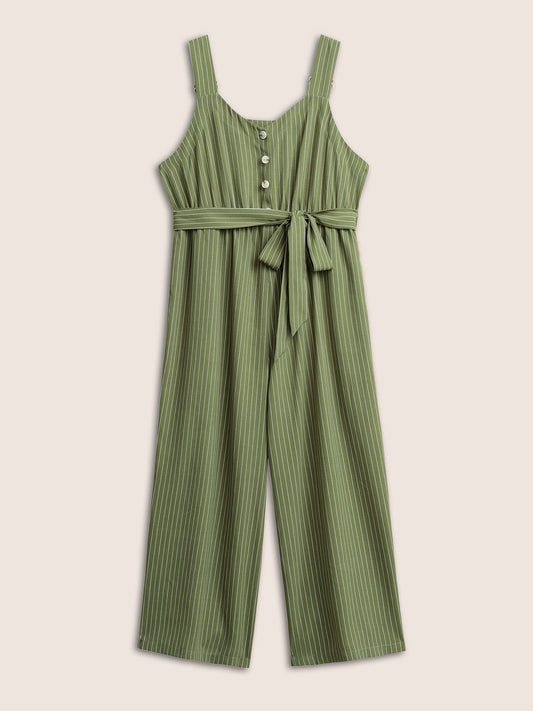 Striped Belted Elastic Waist Adjustable Straps Jumpsuit