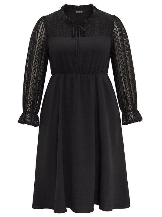 Guipure Lace Knot Neck Ruffle Long Sleeve Dress
