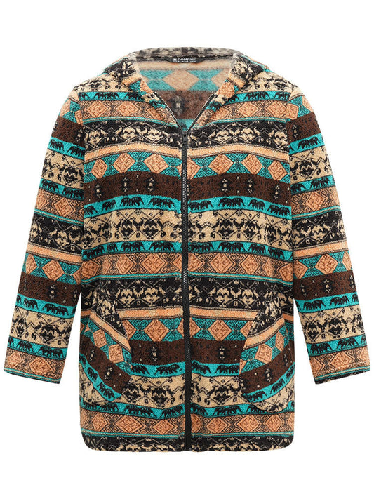 Boho Print Zipper Pocket Hooded Jacket