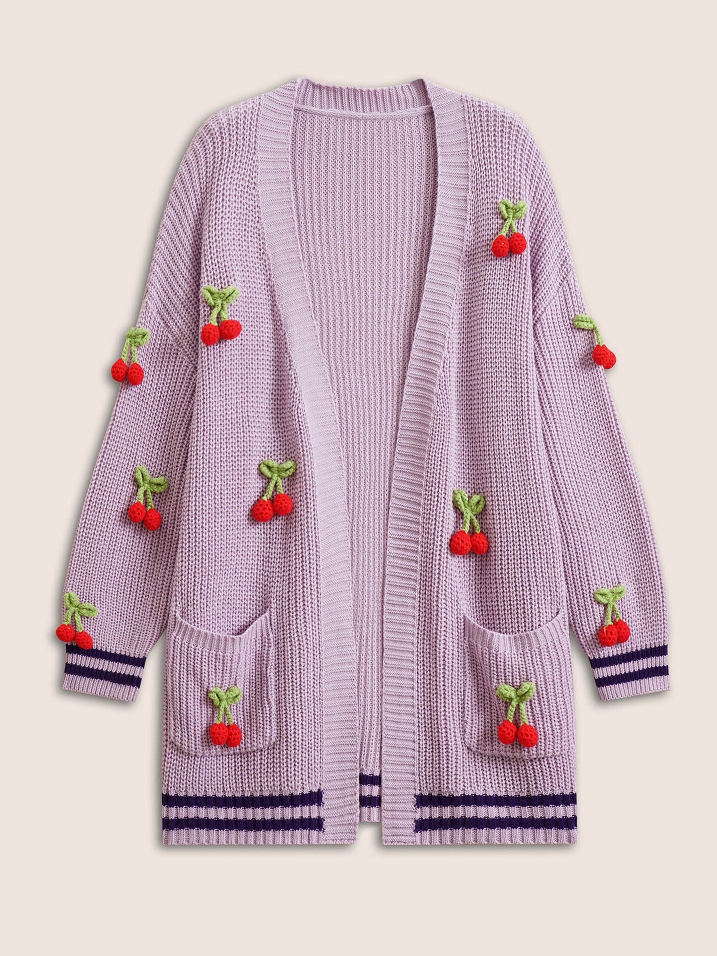 Stereo Cherry Design Striped Patchwork Cardigan