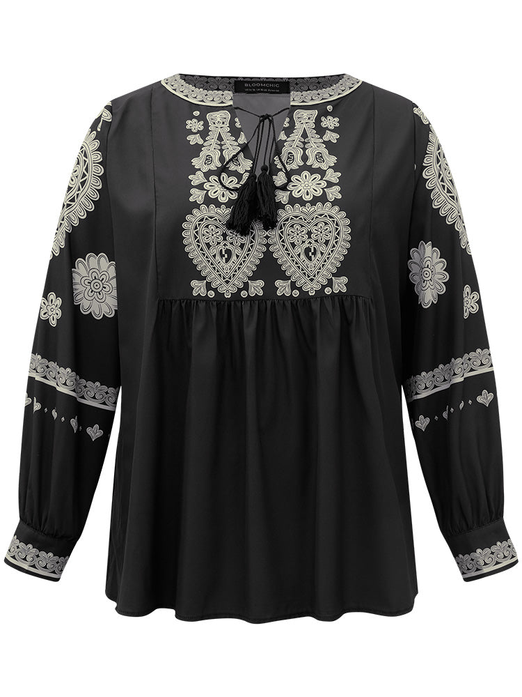 Boho Print Tie Neck Tassel Gathered Blouse