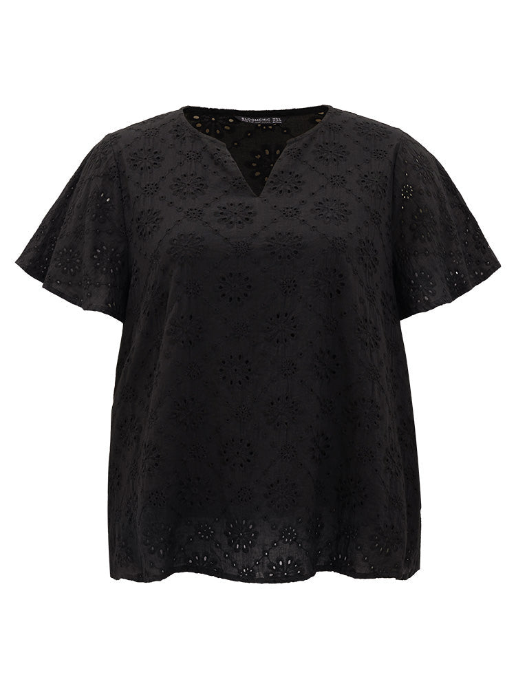 Solid Broderie Anglaise Notched Ruffle Sleeve Blouse