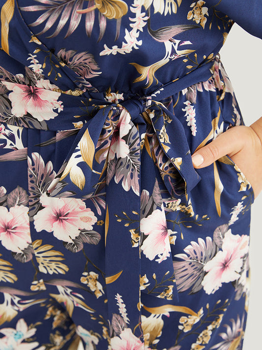 Tropical Print Ruffles Pocket Wrap Belt Jumpsuit