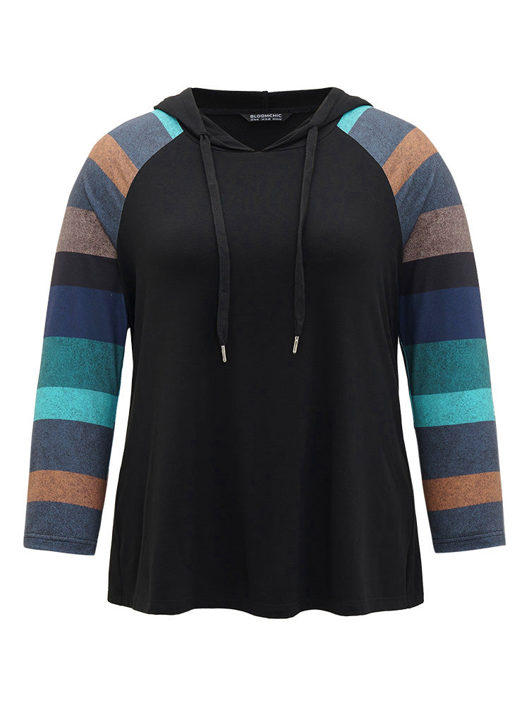 Striped Patchwork Contrast Hooded Raglan Sleeve T-shirt
