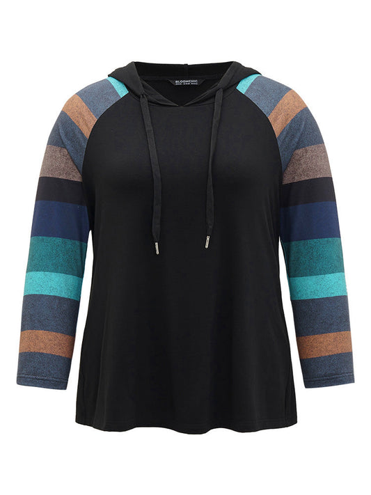 Striped Patchwork Contrast Hooded Raglan Sleeve T-shirt