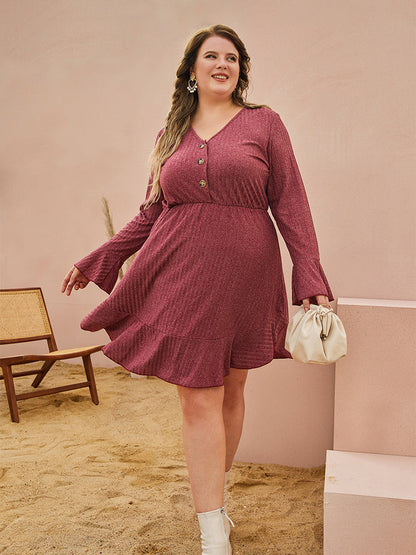 V-Neck Ruffle Button Dress