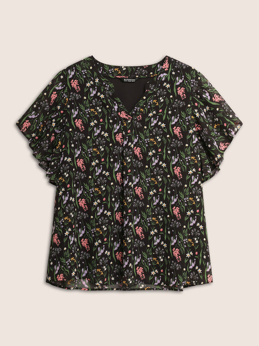 Floral Pleated Flat Collar See Through Blouse