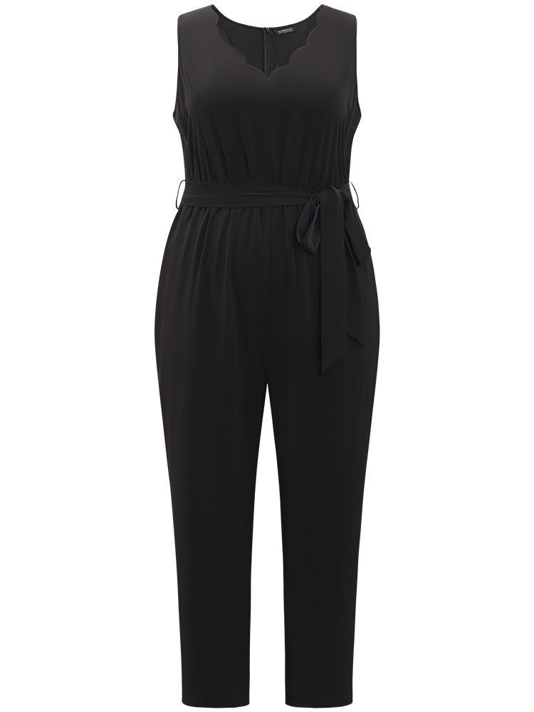 Plain Scalloped Trim Pocket Belted Loose Jumpsuit