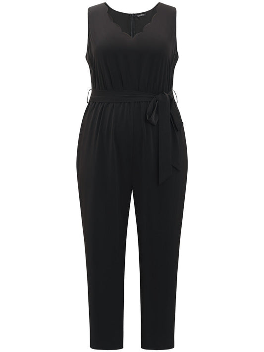 Plain Scalloped Trim Pocket Belted Loose Jumpsuit