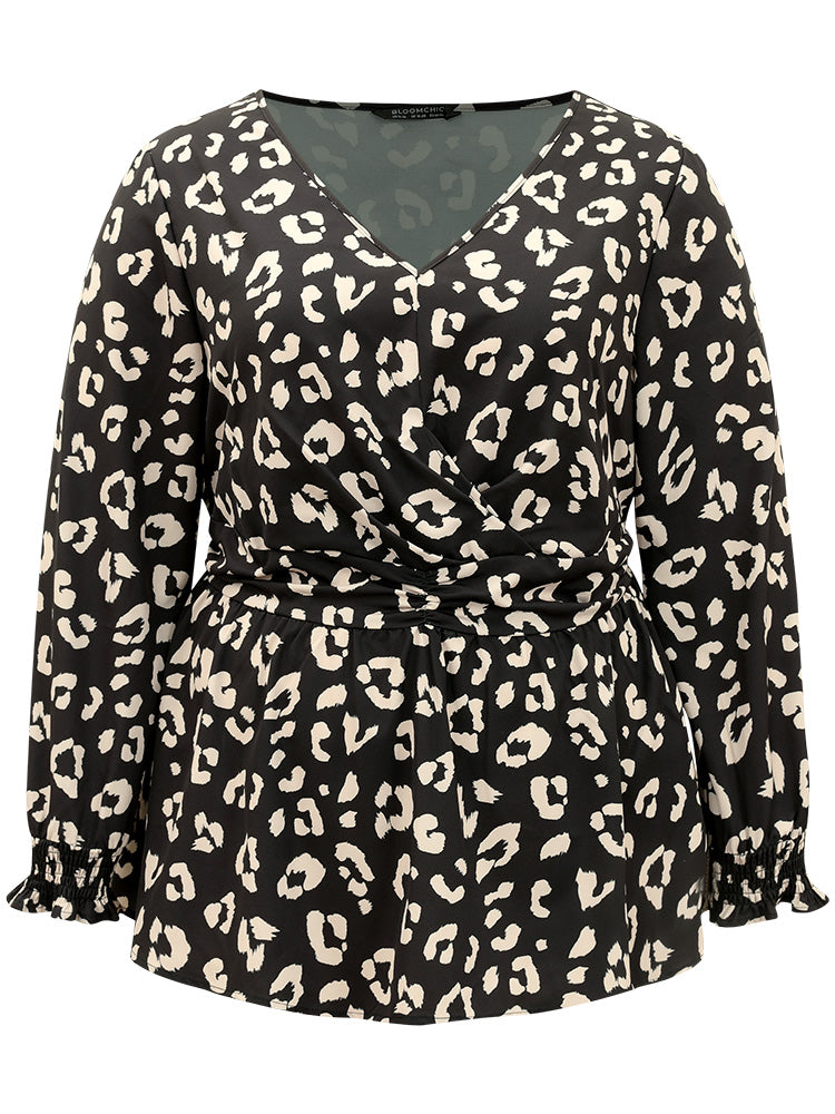 Leopard Print Crossover Ruched Shirred Blouse