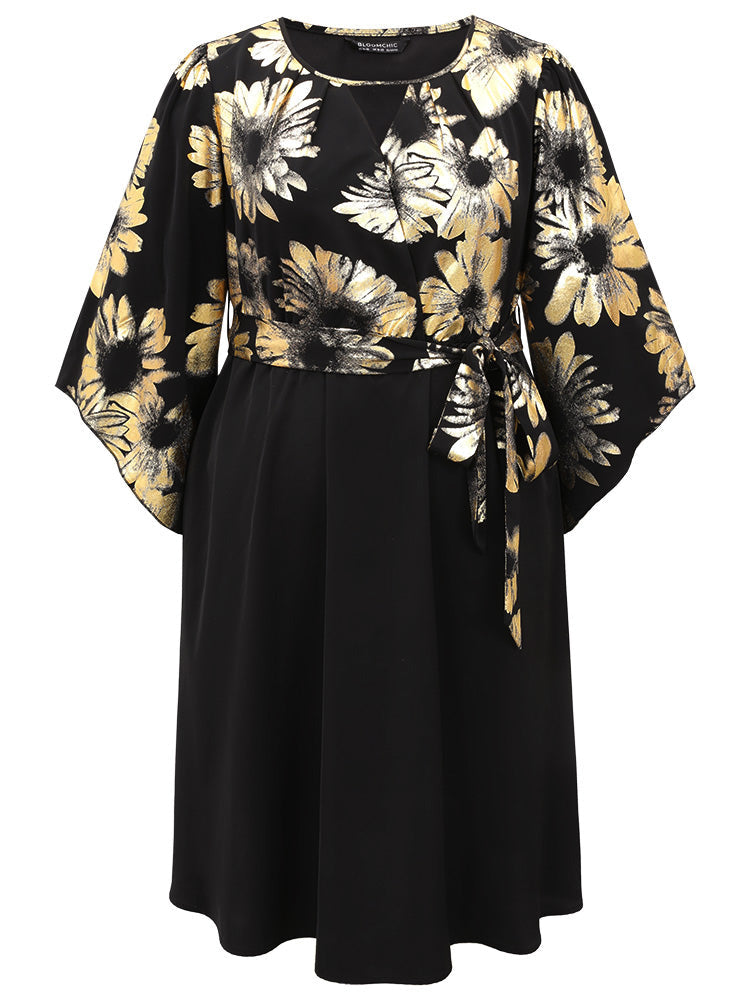 Floral Glitter Belted Keyhole Flutter Sleeve Dress