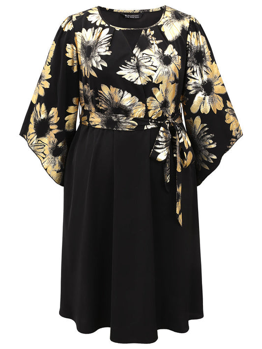 Floral Glitter Belted Keyhole Flutter Sleeve Dress