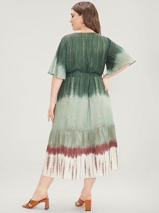 Ombre Print Pocket Surplice Neck Belted Flutter Dress