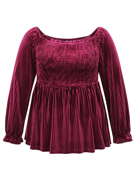 Velvet Frill Trim Shirred Square Neck Blouse