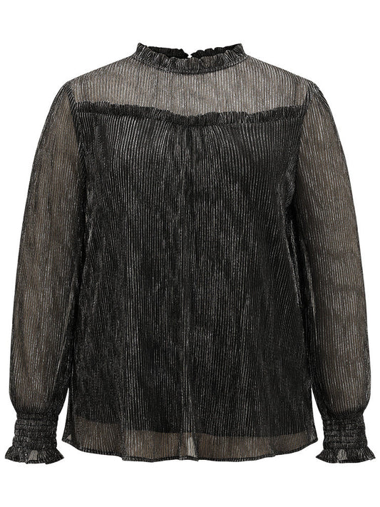 Stand Collar Mesh Patchwork Frill Trim Blouse