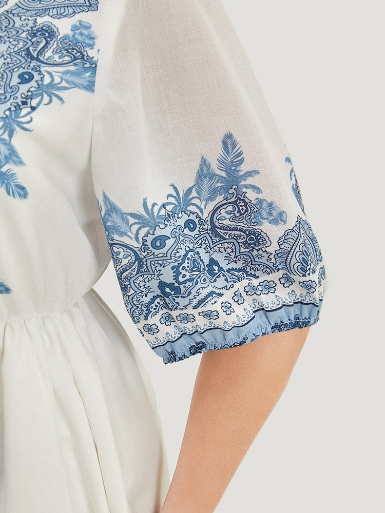 Bandana Print Pocket Button Detail Lantern Sleeve Knee Dress