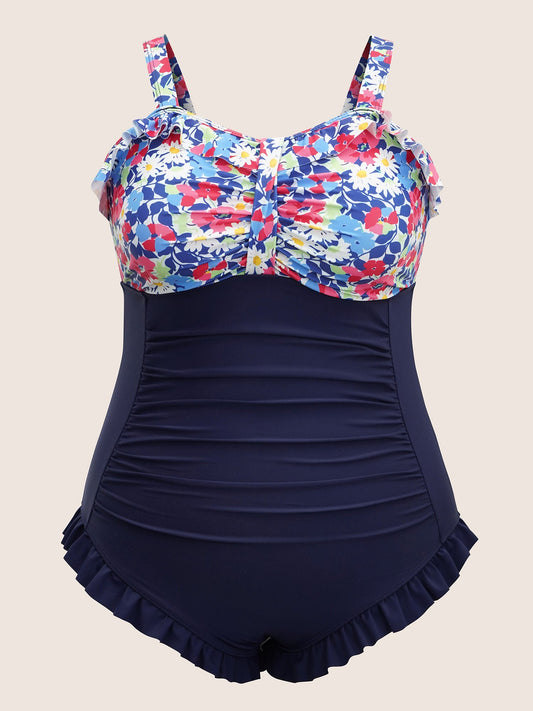 Ditsy Floral Patchwork Ruffles Gathered One Piece Swimsuit