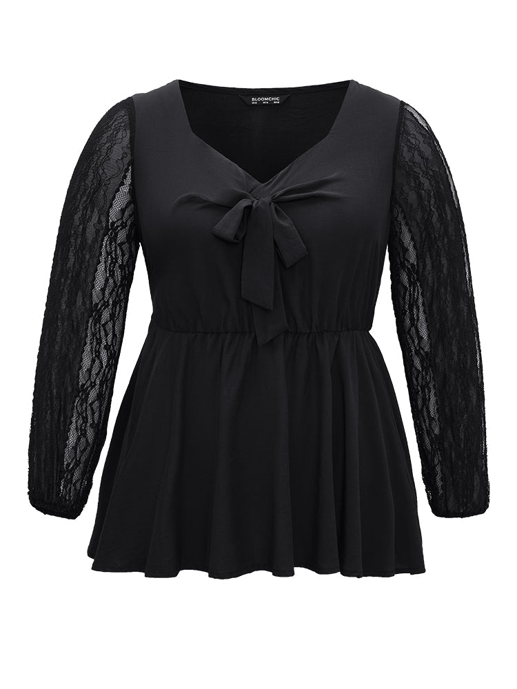 Crochet Lace Bowknot Elastic Waist Blouse