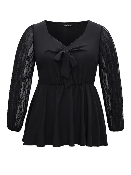 Crochet Lace Bowknot Elastic Waist Blouse