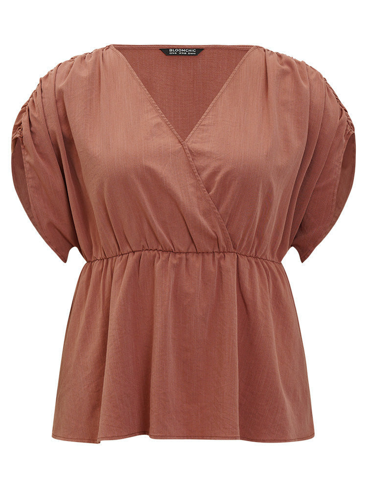 Plain Ruched Shoulder Wrap Blouse
