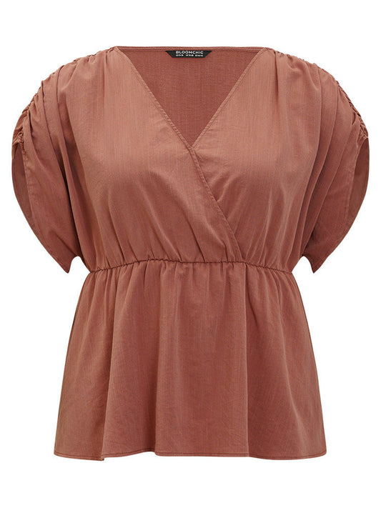 Plain Ruched Shoulder Wrap Blouse