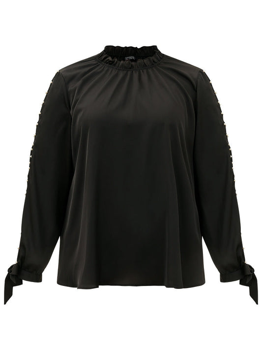 Anti-Wrinkle Pearl Beaded Ties Cut Out Blouse