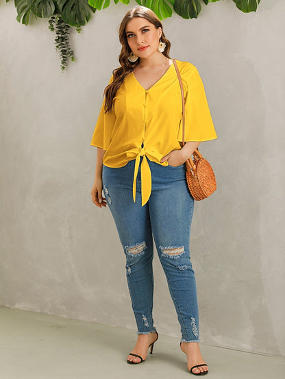 Solid Button Through Tie Front Blouse