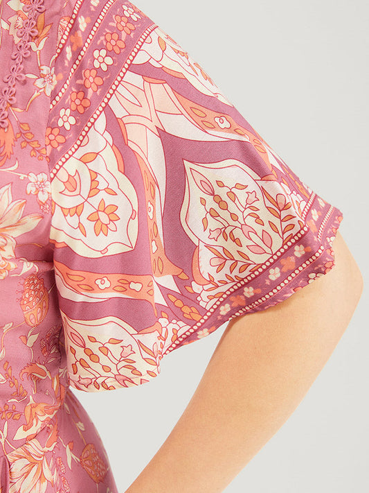 Bandana Print Empire Waist Lace Pocket Ruffles Dress