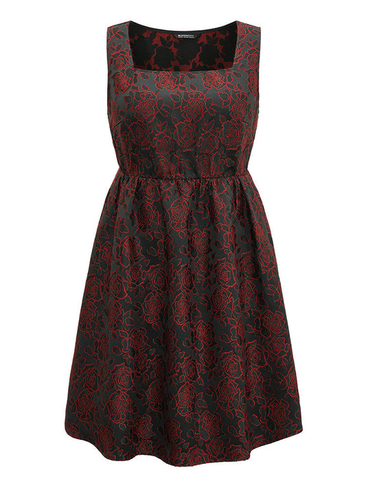 Silhouette Floral Print Embroidered Elastic Waist Tank Dress