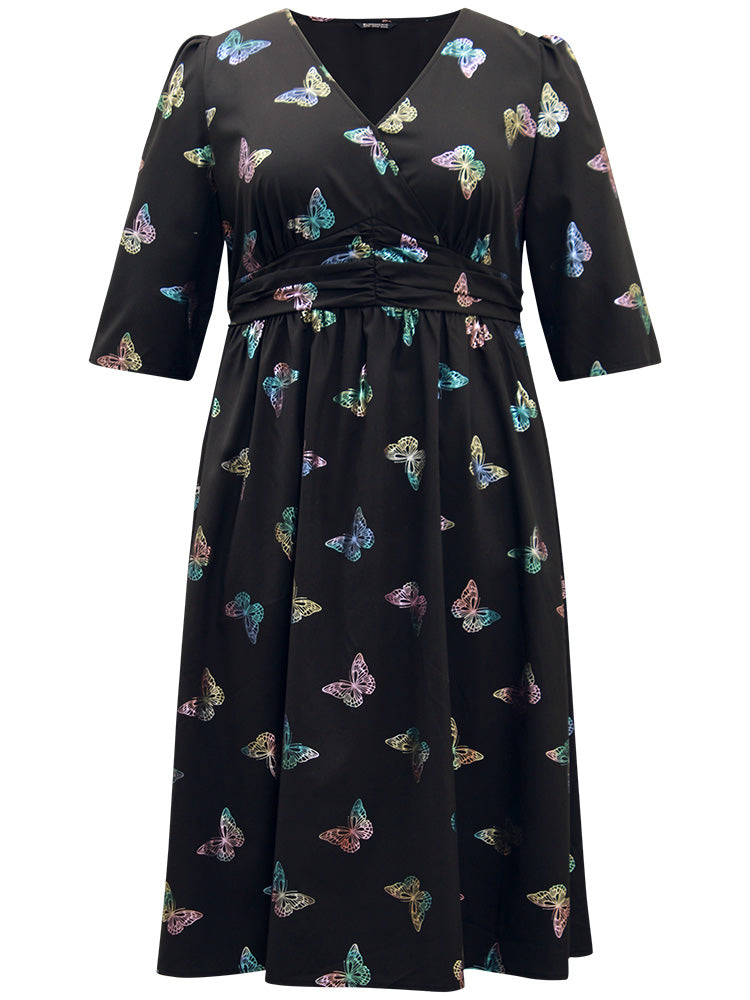 Butterfly Glitter V Neck Ruched Dress