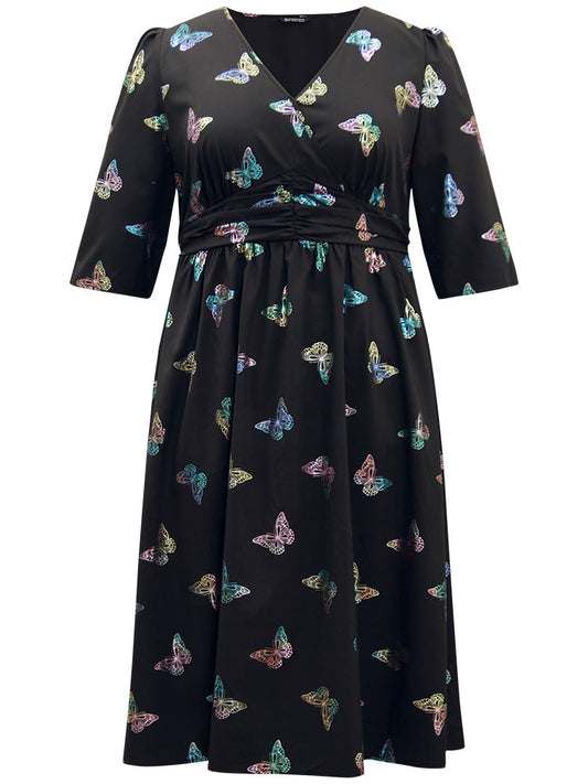 Butterfly Glitter V Neck Ruched Dress