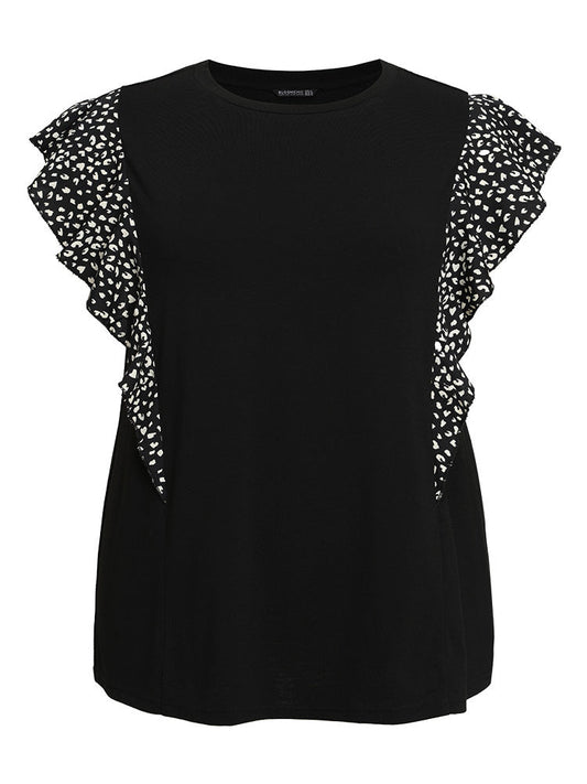 Leopard Patchwork Ruffle Trim Cap Sleeve T-shirt