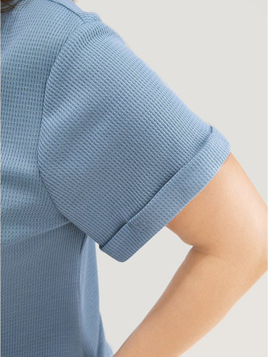 Solid Pocket Notched Button Detail Waffle Knit T-shirt