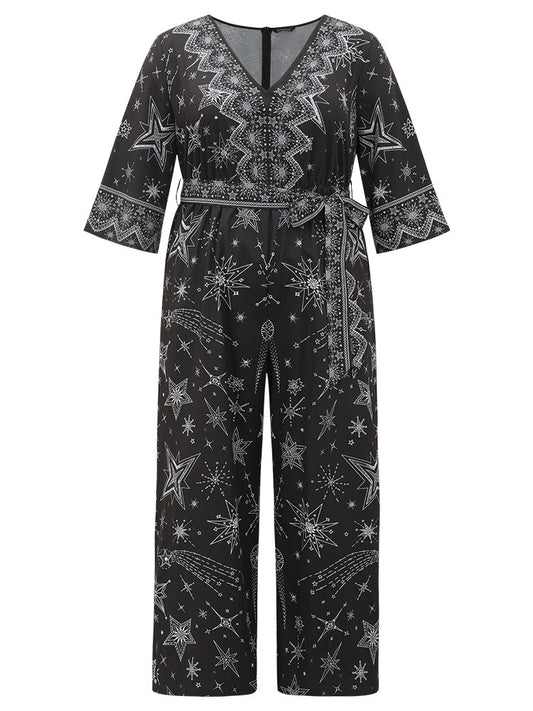 Halloween Star Print Belted V Neck Jumpsuit