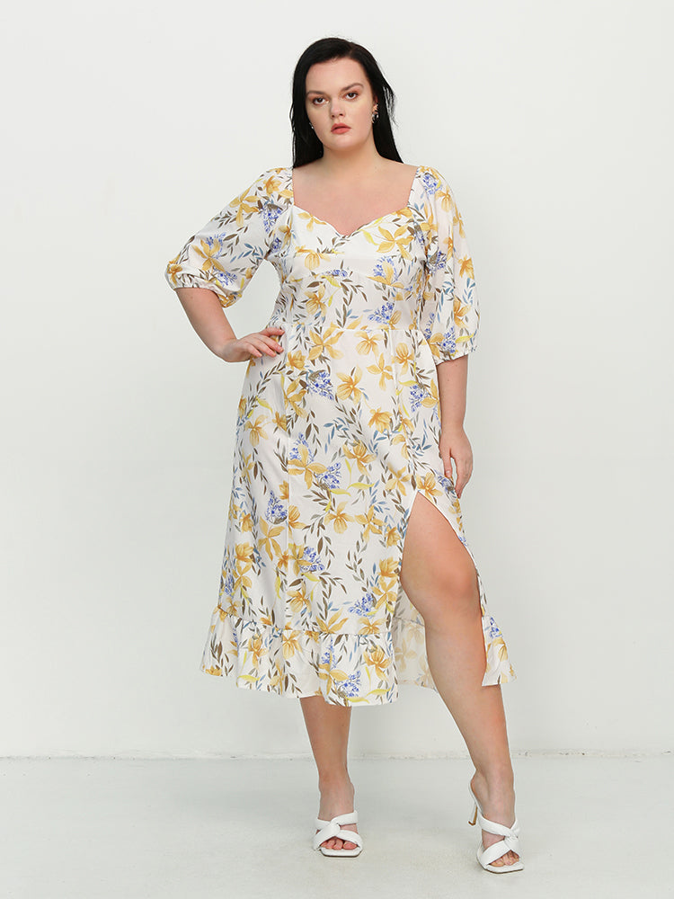 Leaf Split Ruffle Hem Dress