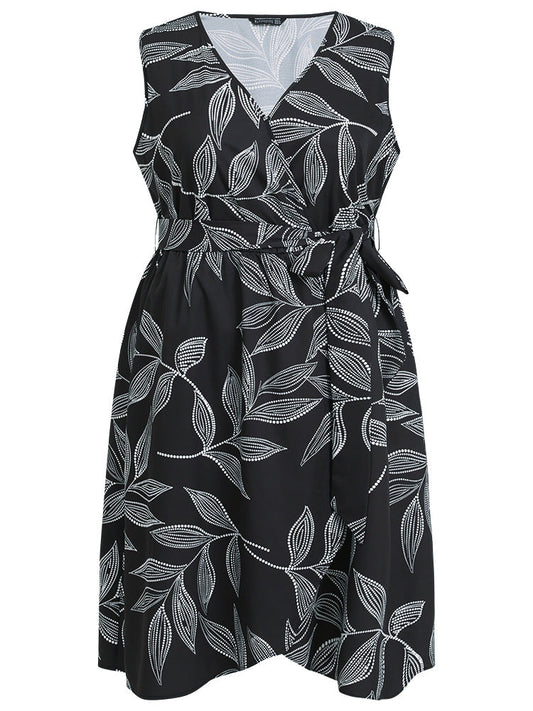 Plants Print Overlap Collar Belted Tank Dress