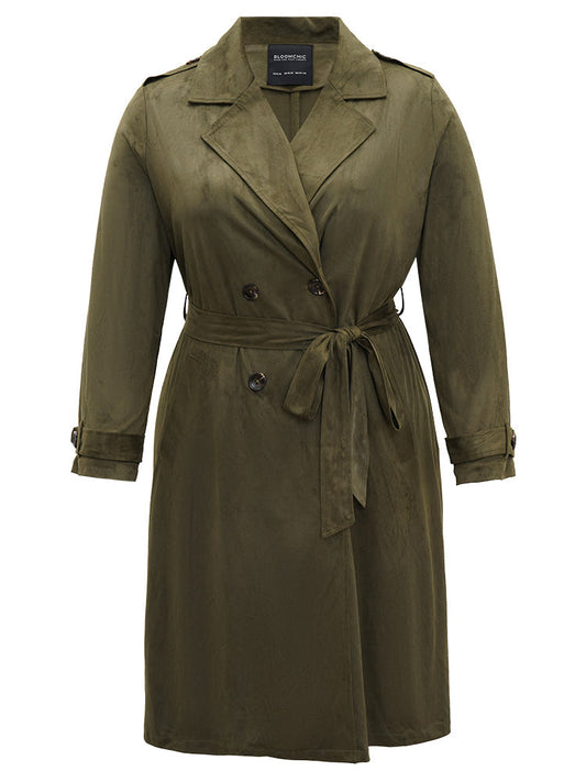 Plain Lapel Collar Pocket Belted Faux Suede Coat