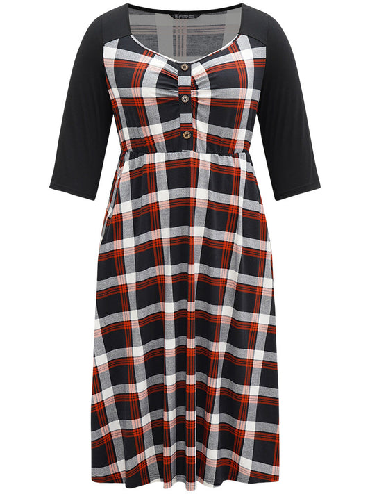 Christmas Plaid Patchwork Pleated Square Neck Dress