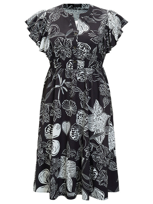 Floral Pocket Ruffle Trim Button Detail Notched Dress