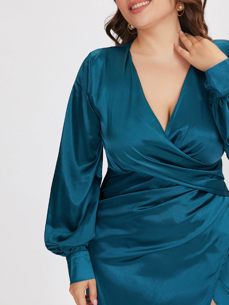 High Split Wrap V-neck Lantern Sleeve Dress