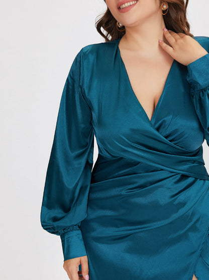 High Split Wrap V-neck Lantern Sleeve Dress