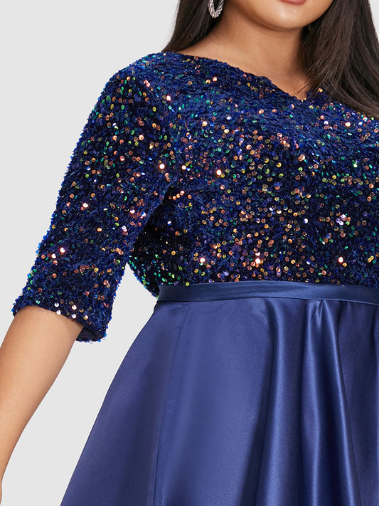 Notched Sequin Flare Hem Dress