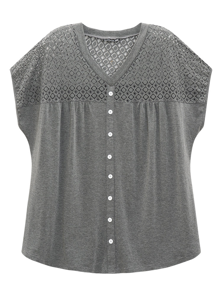 Plain Cut Out Patchwork Button Detail T-shirt