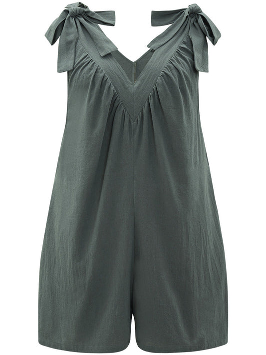 Plain Bowknot Gathered Pocket Overall Jumpsuit