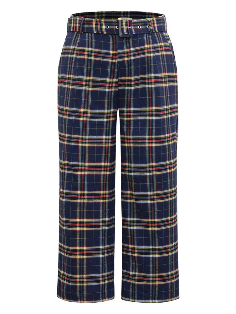 Plaid Pocket Eyelet Belted Straight Leg Pants