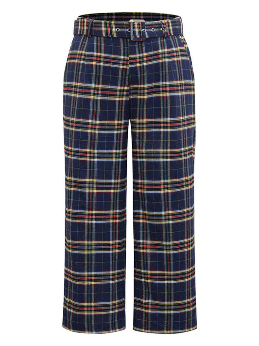 Plaid Pocket Eyelet Belted Straight Leg Pants