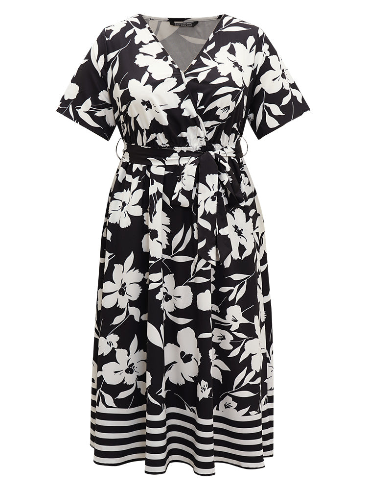 Silhouette Floral Print Striped Pocket Belted Dress